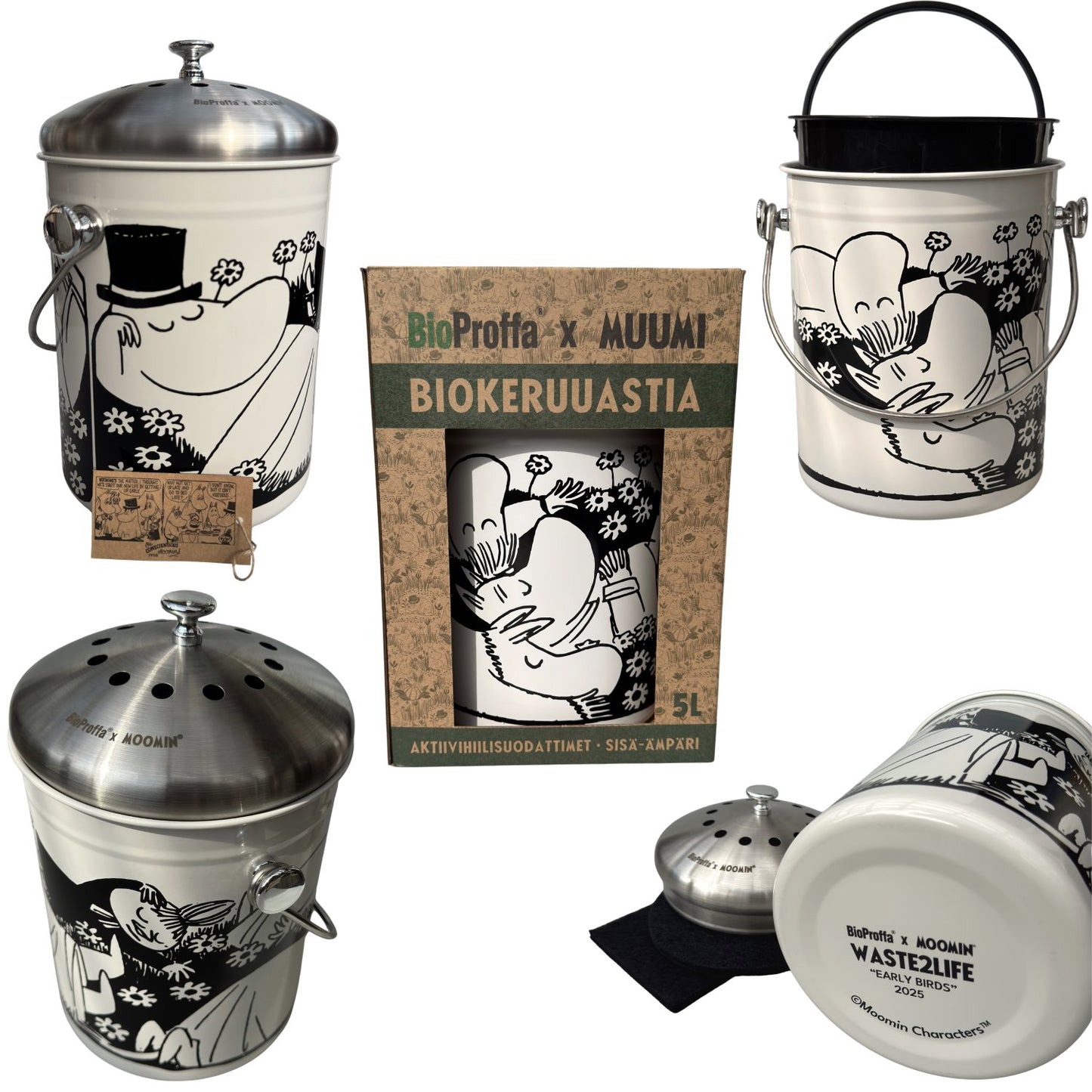 BioProffa X Moomin WASTE2LIFE "Early Birds",Biokeruuastia+ sisä-ämpäri, 5L, koivu