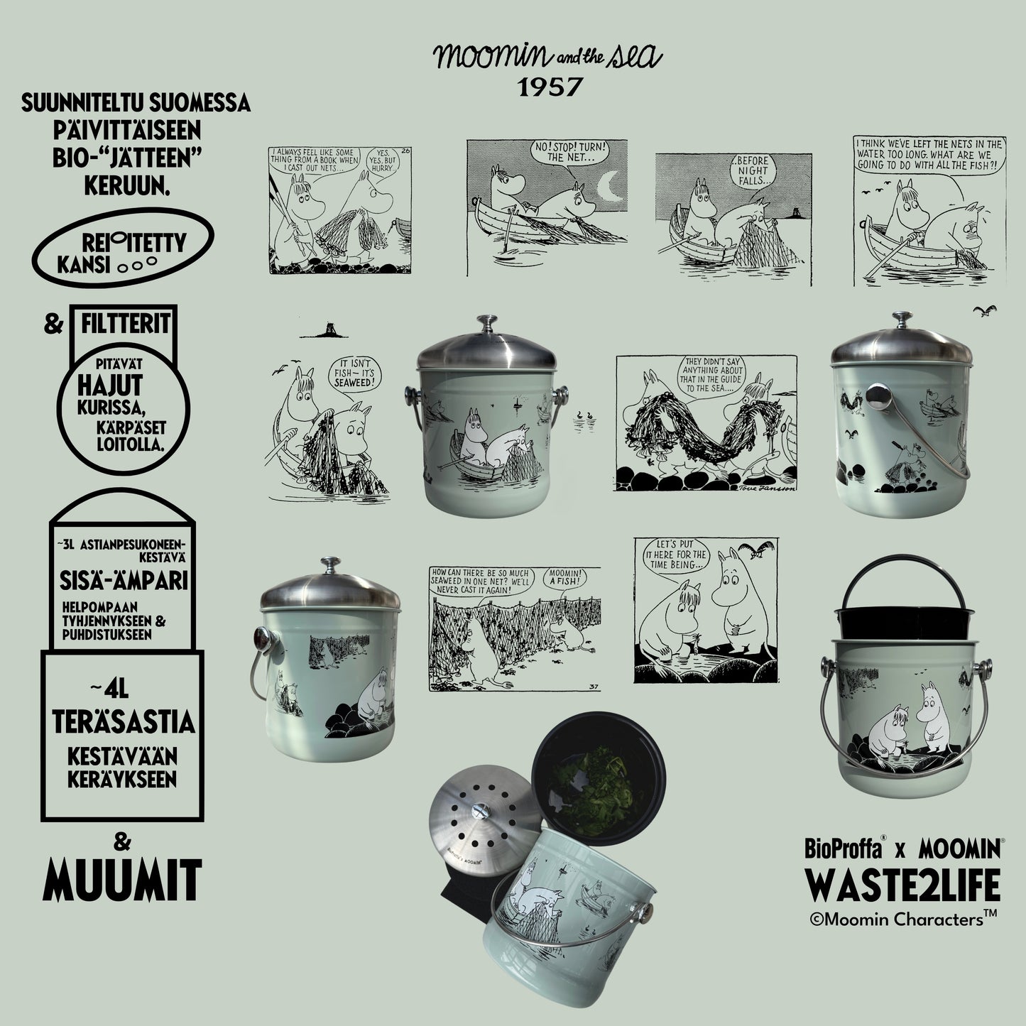 BioProffa X Moomin WASTE2LIFE "Little Fish" Biojäteastia 4 L, jäkälä