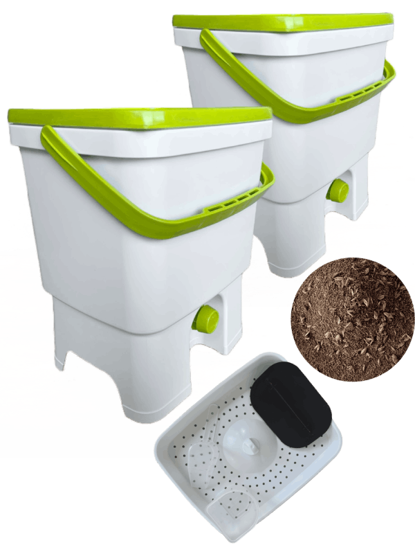 White / Green Bokashi Organko Kitchen composter, double pack (2 pcs), contains 1 kg of Bokashi grits