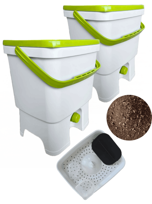 White / Green Bokashi Organko Kitchen composter, double pack (2 pcs), contains 1 kg of Bokashi grits