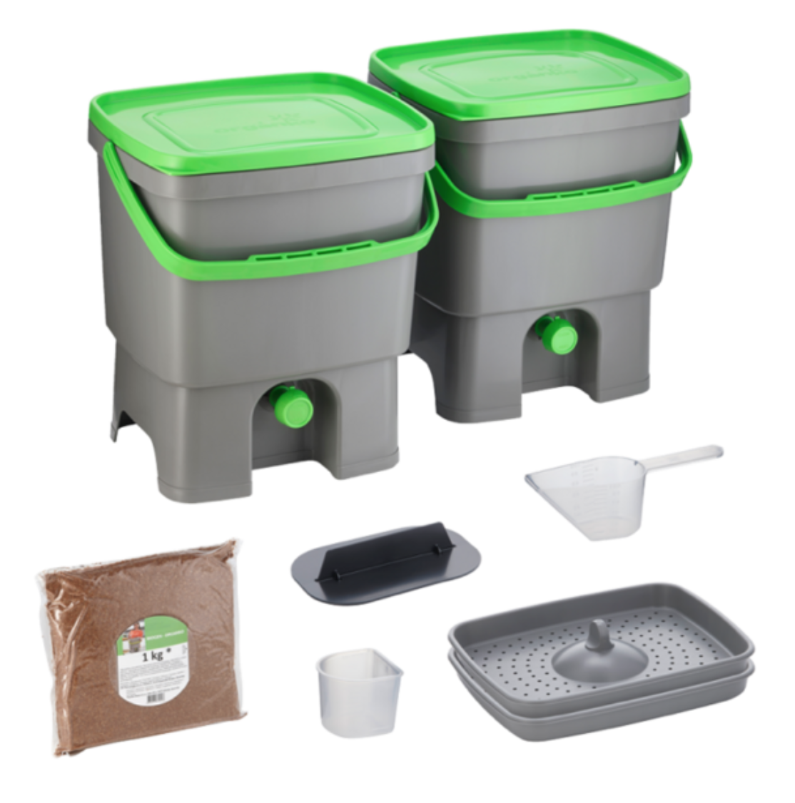 BioProffa Bokashi Organko Kitchen composter, double pack (2 pcs), contains 1kg Bokashi grits, gray