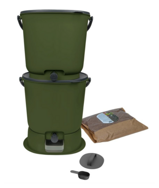 Bokashi Kitchen composter Essential, double set, 15 liters + 1 kg grit, green