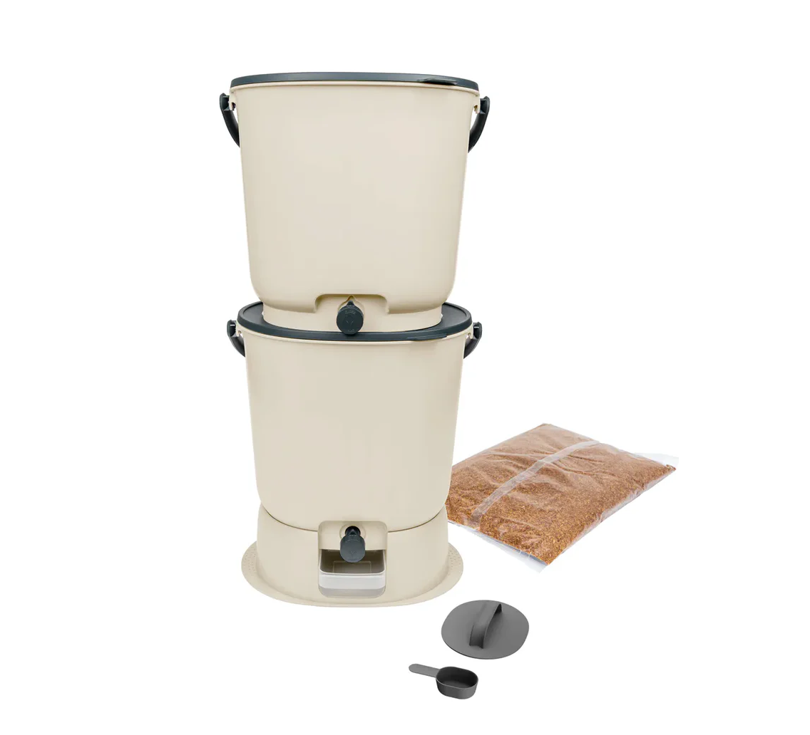 Bokashi Kitchen composter Essential, double set, 15 liters + 1 kg grit, vanilla